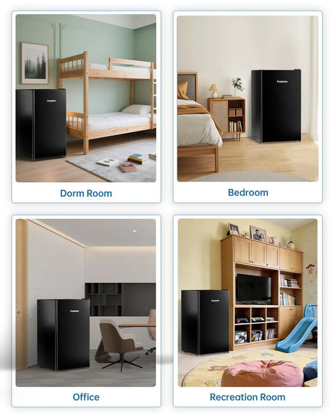 Frostorm 3.2 cu ft black mini fridge with freezer, shown in dorm, bedroom, office and recreation room