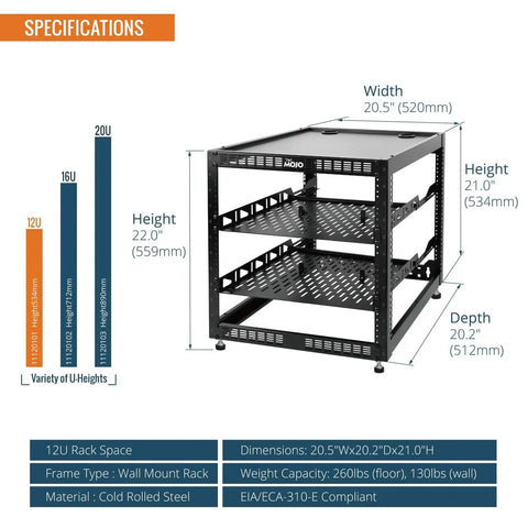 Diagram of 12U Open Frame Network Rack for IT and AV gear, dimensions 20.5"x20.2"x21.0", showing two 1U shelves.