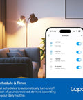 Image of Matter Compatible Smart WiFi Power Strip Offering Individual Outlet Control And Live Energy Tracking showing device scheduling on a mobile app.