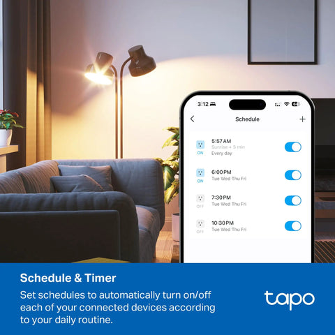 Image of Matter Compatible Smart WiFi Power Strip Offering Individual Outlet Control And Live Energy Tracking showing device scheduling on a mobile app.