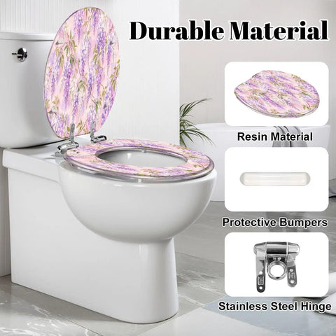 Elongated Wisteria Lilac Pretty Bright Floral Botanical Toilet Seat with durable resin material and stainless steel hinge.