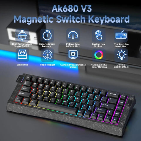Blazing Fast 8000Hz Polling Rate Wired Gaming Keyboard Featuring Crisp Magnetic Analog Switches And Snappy Zero Lag Performance For Ultimate 60 Percent Compact Rig Setup And Next Level Ultra Quick Actuation with RGB backlit keys.