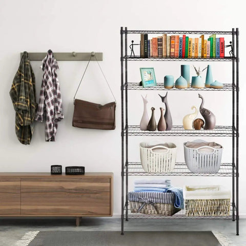 Heavy Duty Adjustable Wire Shelving Unit Featuring Six Tier Metal Storage Rack Rock Solid Design Tailored For Garage Organization And Closet Storage With Custom Height Adjustments And Matte Black Finish