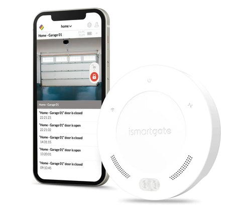 Mini Smart Gate Opener Kit With WiFi Remote Control next to smartphone showing gate status, compatible with Alexa and Google Home.