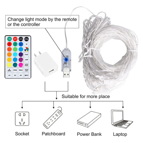 USB and remote setup for 16 Color Changing Curtain Lights With 250 LEDs, 9.8 By 8.8 Feet Fairy String Lights, indoor outdoor use