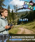 Boy flying Foam RC Plane For Kids And Adults With Two Batteries, 360 Degree Flips, LED Lights, in a forest with 164ft range
