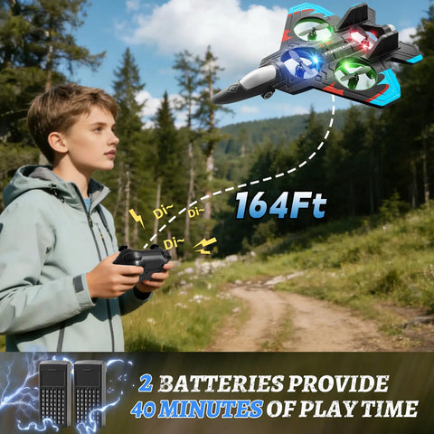 Boy flying Foam RC Plane For Kids And Adults With Two Batteries, 360 Degree Flips, LED Lights, in a forest with 164ft range