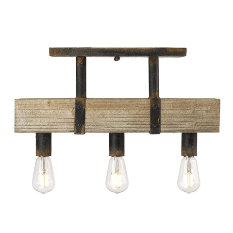 Garrett Rustic Semi Flush Mount Light In Antique Black Iron Finish With Real Wood Accent, front view with three bulbs.