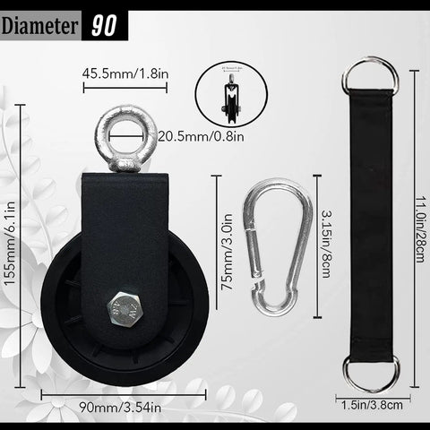 360 Degree Rotating Gym Cable Pulley With Hanging Straps And Carabiner, Heavy Duty DIY Cable Machine Attachment For Home Gym And Projects, Snatch Rigging Block 3.54 Inch Lifting Blocks. shown with 90mm pulley, sling and carabiner