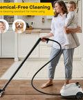 Woman using Smooth Glide Steam Cleaner With Safety Trigger And 61 Oz Tank 1800W High Heat Vapor Blaster on wooden floors.