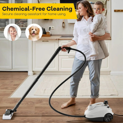 Woman using Smooth Glide Steam Cleaner With Safety Trigger And 61 Oz Tank 1800W High Heat Vapor Blaster on wooden floors.