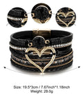 Killer Boho Western Leather Wrap Bracelet For Women With Layered Cuff Strands Heart Stone Charm, 7.67 inch, black leather.