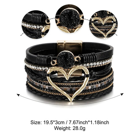 Killer Boho Western Leather Wrap Bracelet For Women With Layered Cuff Strands Heart Stone Charm, 7.67 inch, black leather.