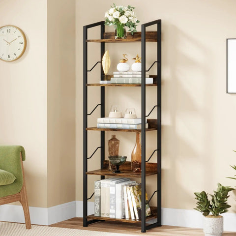 Five Tier Tall Bookshelf Featuring Rustic Brown Wood Panels And Sturdy Metal Frame Narrow Storage Organizer Perfect For Living Room Or Home Office Slick Display Rack Built Tough As Nails To Keep Your Stuff Neat And Tidy Without A Fuss