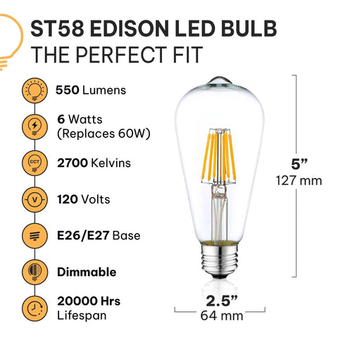 Vintage LED Edison Bulbs 60W Equivalent For Home Decor, E26 E27 Base, 2700K Soft White Dimmable ST58 Style with specs
