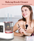 3 In 1 Electric Makeup Brush Cleaner Machine With Dryer Holder next to smiling woman holding brushes in home studio.