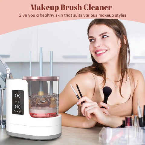 3 In 1 Electric Makeup Brush Cleaner Machine With Dryer Holder next to smiling woman holding brushes in home studio.