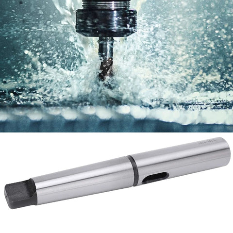 Side view of Cloimei MT4–MT3 Morse taper drill sleeve adapter, precision-ground steel, silver