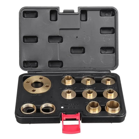 Premium Pure Copper Router Bushing Guide Set Dead Nuts Precise For Fine Woodworking showing 11 copper bushings in case.