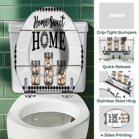 Elongated Toilet Seat Resin for Farmhouse Bathroom with jar designs, fits most toilets and includes grip-tight bumpers.