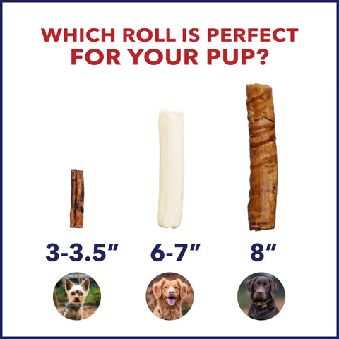 Image comparing sizes of dog chew rolls, featuring "Beefhide Dog Chew Rolls 8 Inch Made In USA Natural Flavor 15 Count Pack Thick Rawhide Treats For Heavy Chewers Safe American Sourced Quality Chews For Dogs."