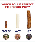 Comparison of dog chew sizes showing 3-3.5, 6-7, 8 inch options with dog images for All American Beefhide Rolls For Dogs Chew Treats Made In USA Beef Flavor 8 Inch Thick Rolls 15 Count Pack Great For Strong Chewers No Additives Or Preservatives