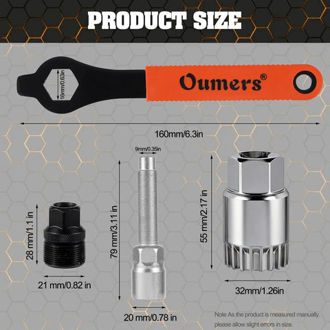 Heavy Duty Bike Crank Extractor And Bottom Bracket Removal Tool With Sixteen Millimeter Spanner For Twenty Tooth Splined Bottom Bracket Pro Grade Steel Fits Most Brands Square Taper Cranks Essential Pro Bicycle Repair Kit displayed with dimensions