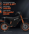 Soleil01 Electric Dirt Bike For Adults With Black Suspension Fork, 2000W Brushless Motor shown with specifications and seat height.
