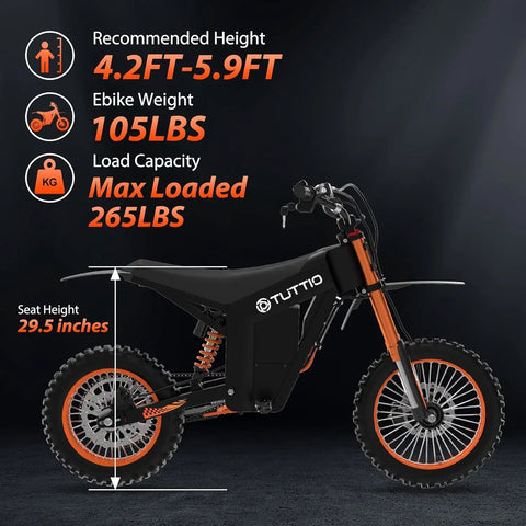 Robust Electric Dirt Bike Duo For Teens And Adults With Full Suspension Powerful Motors Crafted To Rip Through Gnarly Mountain Paths Snow Drifts Or Rough Off Road Trails Right Now. Specifications for ebike weight, height, and load.