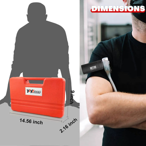 Heavy-Duty 48-Piece Three Eighths Inch Drive Impact Socket Set case dimensions viewed next to person holding socket wrench