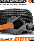 Heavy Duty Synthetic Winch Rope Kit Half Inch By Ninety Two Feet With Forged Hook Isolator Rubber Stopper And Safety Pull Strap 31500 Lbs Break Strength UHMWPE Braided 12 Strand Cable Replacement coiled with orange pull strap