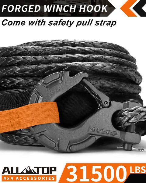 Heavy Duty Synthetic Winch Rope Kit Half Inch By Ninety Two Feet With Forged Hook Isolator Rubber Stopper And Safety Pull Strap 31500 Lbs Break Strength UHMWPE Braided 12 Strand Cable Replacement coiled with orange pull strap