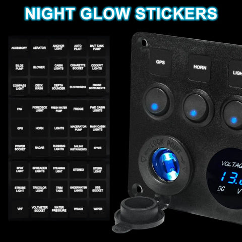 All In One 5 Gang Rocker Switch Panel With Type C And QC 3.0 USB Digital Voltmeter 12V Outlet Pre Wired With Circuit Breakers