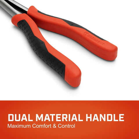 Two Piece Long Nose Pliers Set With Straight And Bent Tips, Dual Material Grips, Long Reach Design, close-up of handles