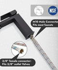 Hassle Free 24 Inch Braided Sink Hose And Faucet Supply Lines With 3/8 Female To M10 Male Connectors fitting on faucet with labels.