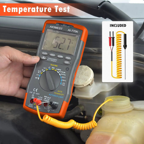 Gearhead Friendly Engine Analyzer And Automotive Multimeter For DIY Mechanics in use during temperature test on car engine