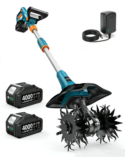Cordless Tiller Cultivator For Gardening, 20V With Dual 4Ah Batteries, 9 Inch Tilling Width And 6.6 Inch Depth, Lightweight Rototiller