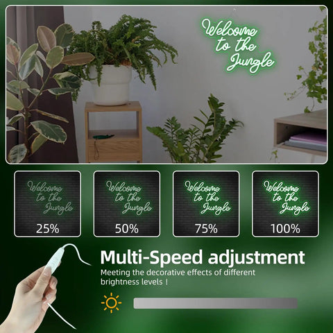 Welcome To The Jungle Neon Sign Green LED Light For Wall Decor USB Powered Jungle Theme Decor with brightness settings shown