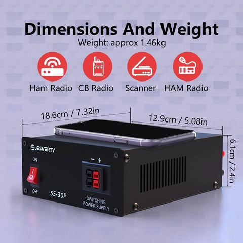 Side view of DC Regulated Bench Power Supply 13.8V 30A Compact Universal with USB placed on top, dimensions shown.