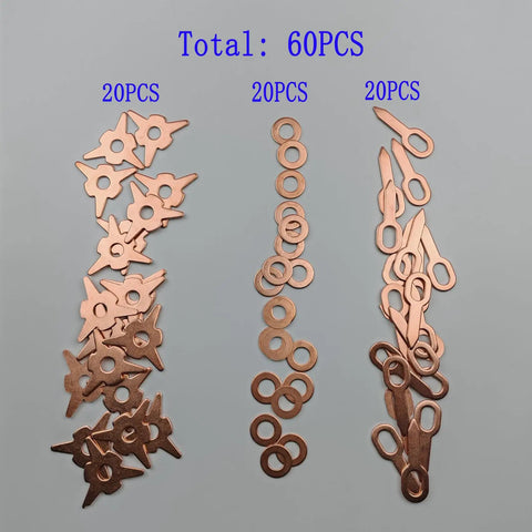 Dent Pulling Rings Set 60Pcs For Car Body Panel Repair And Spot Welding Machines, triangle and round copper-plated iron rings.