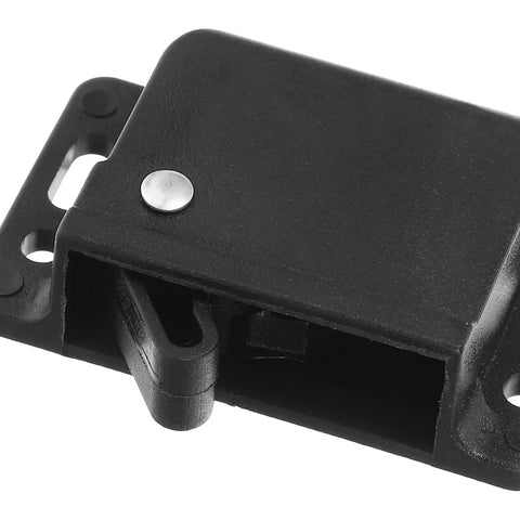 Close-up of black Push Open Cabinet Catch With Side Mounted Design For RV Cabinets And Home Use, showing durable ABS material.