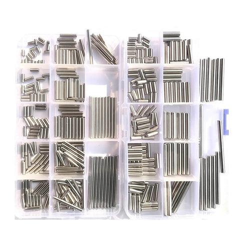 Cylindrical Pin Locating Dowel Set 304 Stainless Steel DIN 6325 M1 To M8 Combo Kit shown in compartment box for precise alignment.