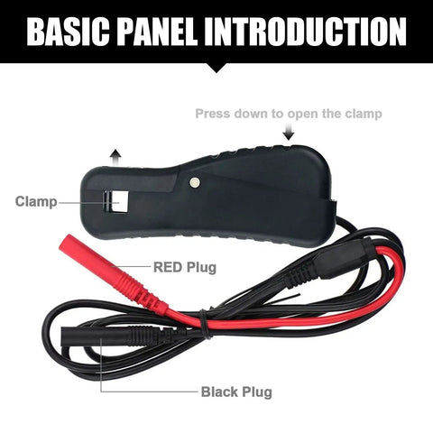 Inductive Pickup Clamp Lead for Automotive Multimeter Tachometer Sensor for Spark Plug Wire Gives You Engine RPM Readout From 600 To 12000 10 cm Detection Distance 400 Hz Max Frequency Ideal Companion For Automotive DMMs. Black plastic clamp lead with red and black plugs