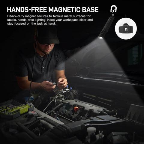 Mechanic using Go-To 3-In-1 Flat EDC Flashlight With 1600 Lumen White LED, Green Beam And UV, USB-C Rechargeable Light on car engine