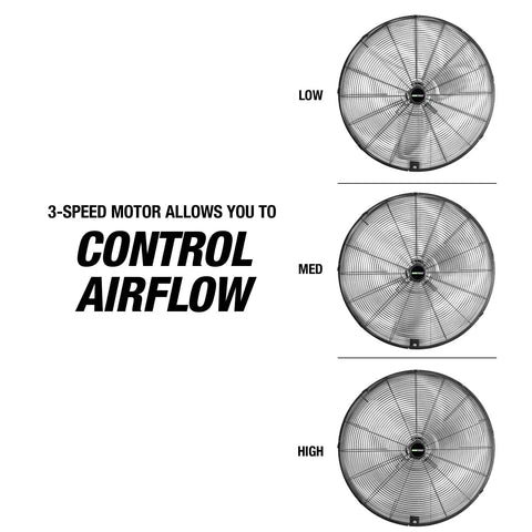 Beastly 30 Inch Indoor Oscillating Wall Fan With 9500 CFM Max showing 3-speed control options for garages and workshops