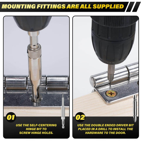 Drill installing door hinges using Router Template Hinge Mortiser for 3 to 5 inch hinges, square or radius corners, woodworking projects.
