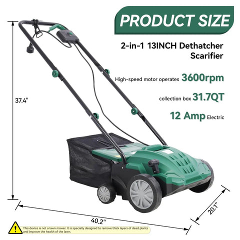 Two In One Electric Dethatcher And Scarifier For Lawns 13 Inch Walk Behind Dethatcher With Four Position Depth Adjustment 12 Amp