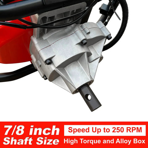 Close-up of the alloy gearbox of Forty Three CC Gas Earth Auger Powerhead With 8 Inch Auger Bit For Post Holes EPA Compliant Durable One Man Digger