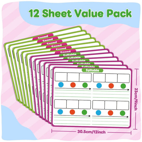 12 Pack Phonemic Awareness Dry Erase Cards 9 By 12 Inch for sound, syllable, and phonics practice showing size and design details.