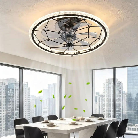AMZSTAN 20" Caged Ceiling Fan with Light and Remote, 6-Speed Reversible Farmhouse Ceiling Fan in a modern dining room setting.